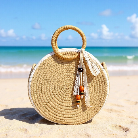 Bolso Redondo De Paja Tejido Cuerda De Algodón Para Mujer Con Cinta De Encaje Y Cuentas De Madera Estilo Boho