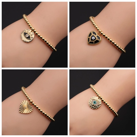 Bracciale Perline Malocchio Pendente Cuore Rame Placcato Oro Zirconia Regolabile Fatto A Mano Gioielli Donna