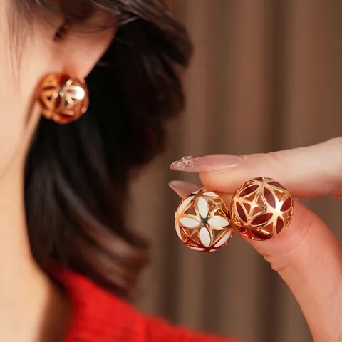 Vintage Hollow Ball Stud Earrings Copper Enamel Flower Geometric Design With Silver Earring Post For Women Retro Style