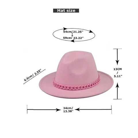 Wide Brim Fedora Hat Wool Felt Elegant Vintage Flat Top With Pink Chain Decoration For Women Fashion