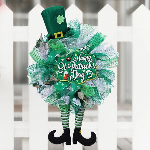 St Patricks Day Wreath With Leprechaun Legs Green Hat Mesh Ribbon Shamrock Door Hanging Ornament Festive Home Decor