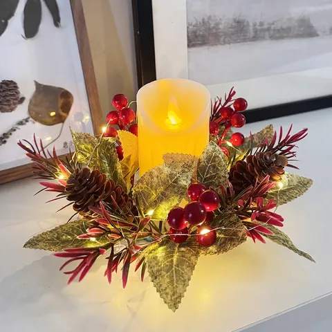 Corona De Anillo De Vela De Navidad Centro De Mesa Con Piñas Bayas Rojas Hojas Doradas Decoración De Mesa