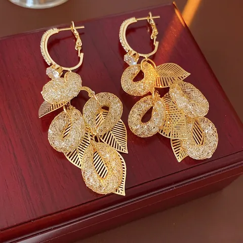 Retro Palast Hohlblatt Quaste Hängeohrringe Kupfer Mit Zirkon Und Silbernem Ohrstecker Vintage Luxus Schmuck