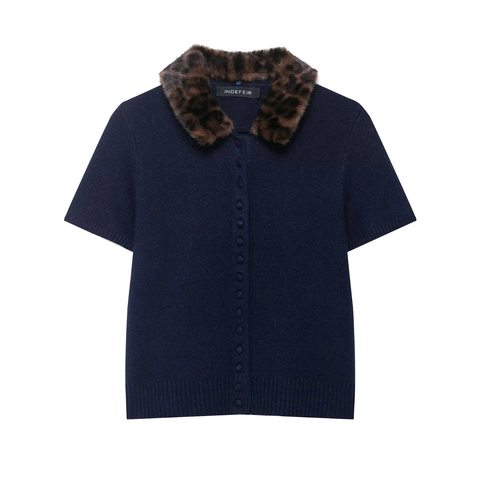 Gebreid Vest Met Korte Mouwen Dames Retro Luipaard Kunstbontkraag Knoopsluiting Gebreide Top Marineblauw