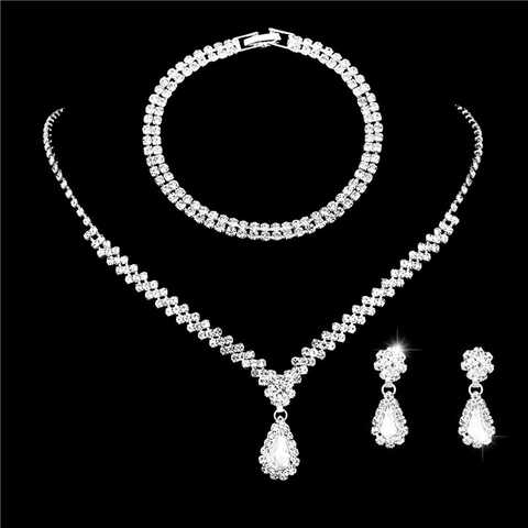 Elegant Strass Schmuckset Für Damen Versilbert Herz Wassertropfen Halskette Ohrringe Armband Ring Braut Hochzeit Party Zubehör