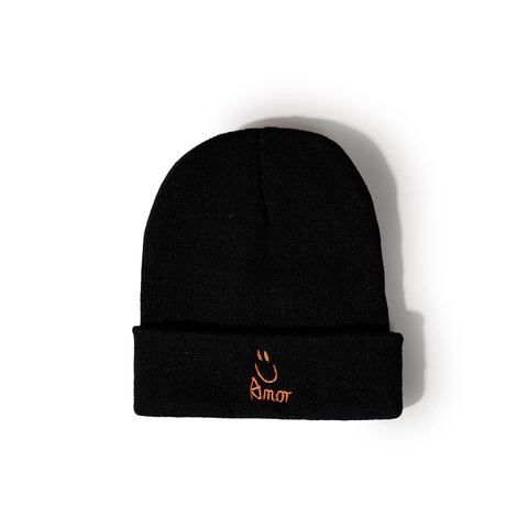 Black Acrylic Knit Beanie Hat With Orange Amor Smiley Face Embroidery Warm Winter Autumn Casual Streetwear For Men Women