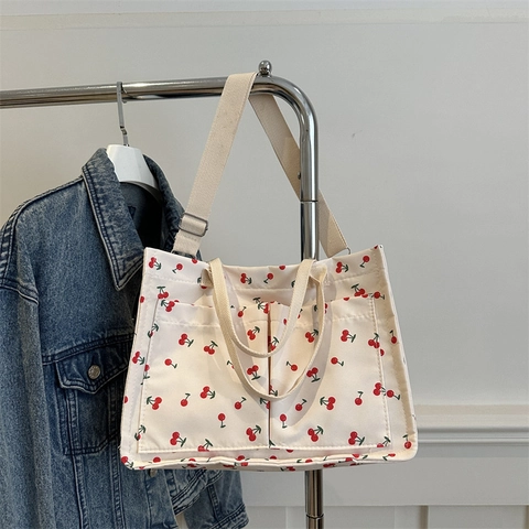 Cherry Print Canvas Tote Bag Large Capacity With Front Pockets And Adjustable Shoulder Strap Casual For Women