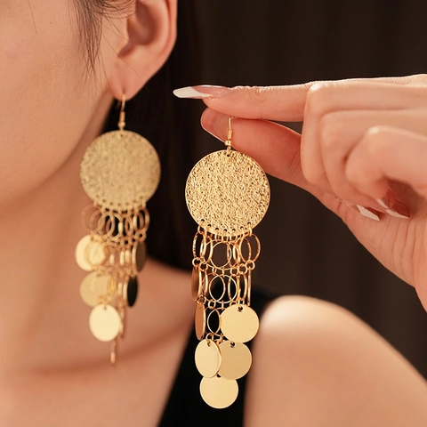 Orecchini Lunghi A Pendente Con Nappine E Paillettes Metalliche Tonde Con Perno In Argento Gioielli Boho Per Donna
