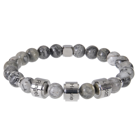 Pulsera De Cuentas De Piedra Natural Con Cuentas De Nombre De Acero Inoxidable Cordón Elástico Joyería