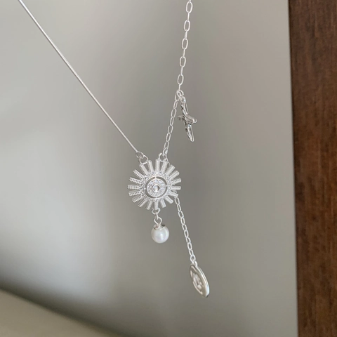 Collana Dea Del Sole Ciondolo Raggio Di Sole Croce Distintivo Ovale Perla Acqua Dolce Argento S925 Placcato Oro Vintage