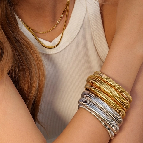 Tubogas Bangle Bracelet Stainless Steel Elastic Wide Spiral Striped Gold Silver Exaggerated Fashion Women