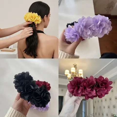 Elegant Large Flower Banana Hair Clip Fabric Chiffon Floral Ponytail Holder Handmade Styling Accessory For Women