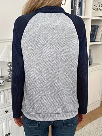 Women Color Block Quilted Sweatshirt Raglan Long Sleeve Pullover With Buttons Casual Leisure Kangaroo Pocket Top