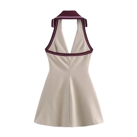 Vestido Corto Halter Poliéster Sin Mangas Cuello V Cremallera Cintura Con Cordón Color En Contraste Chic Mujer