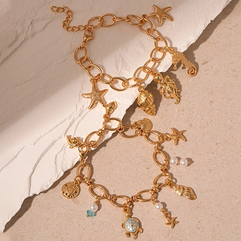 Bracciale Charm Tema Oceano Tono Oro Lega Tartaruga Marina Stella Marina Cavalluccio Marino Polpo Conchiglia Perla Artificial Imitazione Donna