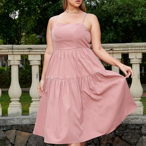 Women Plus Size Tiered Cami Dress Polyester Bow Tie Backless Elegant Solid Color Summer Vacation Long Maxi Dress
