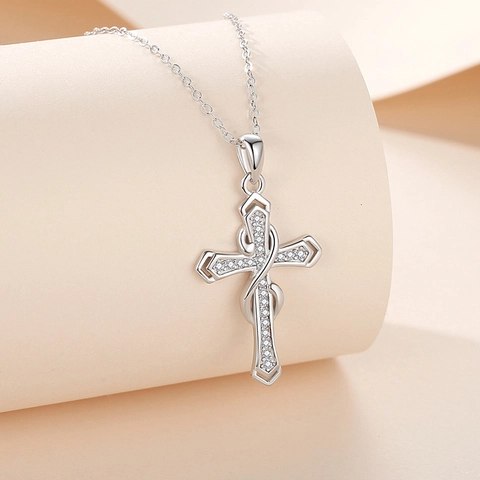 Collana con Ciondolo a Croce Cuore Infinito in Argento Sterling 925 Oro Rosa Oro Bianco Strass Intarsiato Collane di Moda da Donna