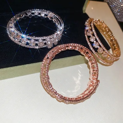 Luxe Meerlaagse Open Armring Koper Ingelegd Ronde Zirkoon Glanzende Holle Sieraden Voor Dames