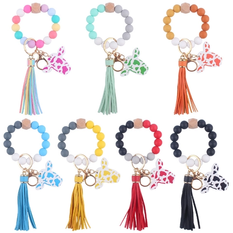 Western Bull Head Silicone Beaded Wristlet Keychain Faux Suede Tassel Wood Bead Cow Pattern Charm Fashion Keyring Women
