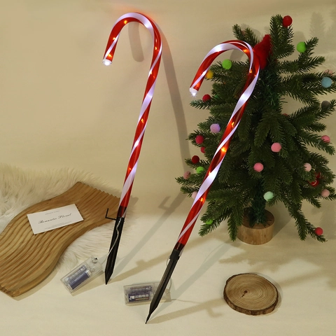 Luces De Bastón De Caramelo De Navidad Con Pilas LED Lámparas De Estaca Jardín Rojo Blanco Rayado Plástico Decoración Exterior