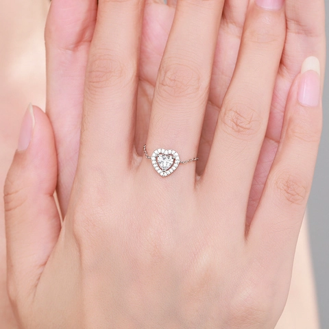 Heart Zircon Ring 925 Sterling Silver Adjustable Chain Design Sparkling Pave Setting Elegant Small Jewelry For Women