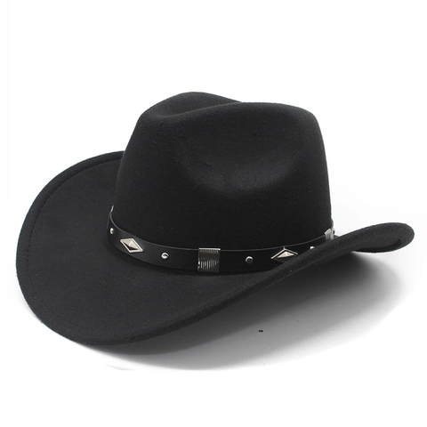 Western Cowboy Hat Wool Felt Wide Curved Brim Vintage Fedora With Studded Leather Belt For Men Women Outdoor Fashion