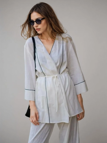 Top Stile Kimono E Pantaloni A Gamba Larga Da Donna 100% Cotone Bordi A Contrasto Scollo A V Allacciato Vacanza