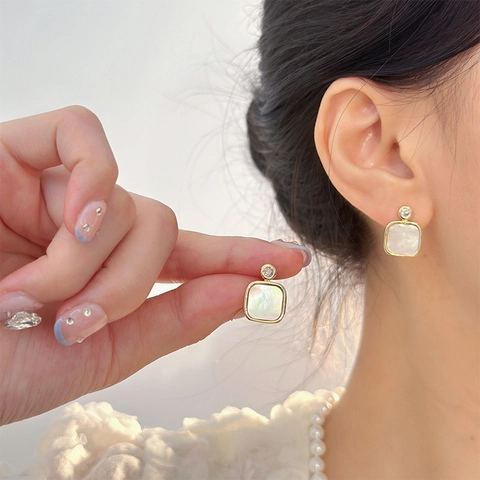 Square Stud Earrings Titanium Steel With Mother Of Artificial Pearl Inlay And Zirconia Elegant Minimalist Jewelry For Women