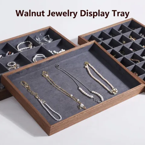 Walnut Wood Jewelry Display Tray Velvet Lining Ring Necklace Storage Organizer Stackable Desktop Drawer Insert