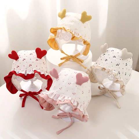 Chapeau Soleil Bébé Fille Coton Dentelle Imprimé Cœur Béguin Style Princesse À Nouer Pare-soleil Doux Nourrissons