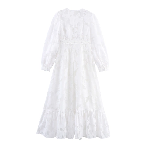 Dames Kant Maxi Jurk Polyester V Hals Lantaarn Mouw Hoge Taille Elegant Gelaagd Splicing Franse Stijl Wit