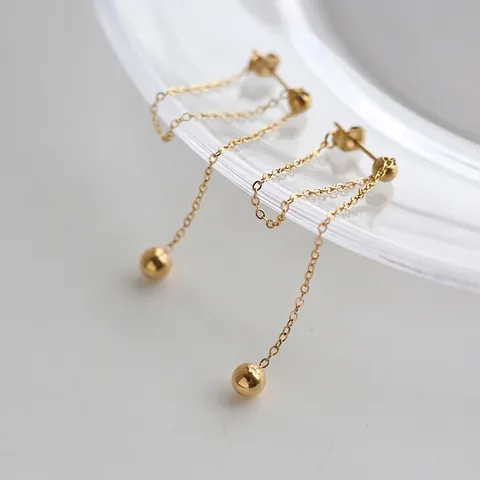 316L Stainless Steel Tassel Earrings Adjustable Sliding Chain With Gold Ball Beads Minimalist Elegant Jewelry