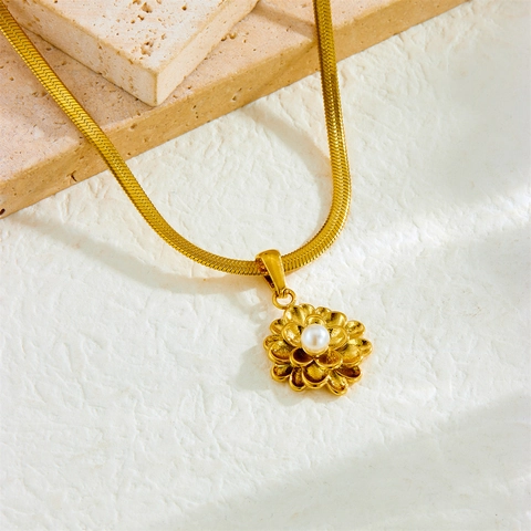Collar Con Colgante De Flor De Loto 3D De Acero Inoxidable Chapado En Oro Con Perla Artificial Imitación Cadena De Serpiente Plana Joyería