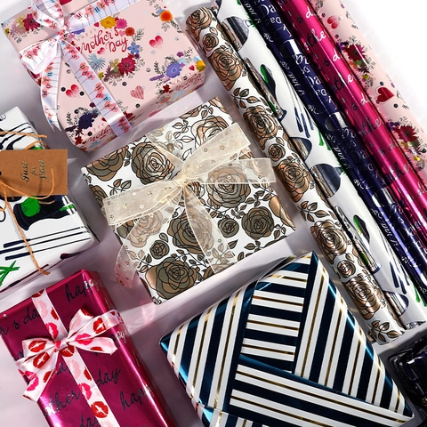 Metallic Aluminized Gift Wrapping Paper Roll For Father's Day Mother's Day Valentine's Day Golf Rose Striped Pattern Floral Print Present Packaging Paper