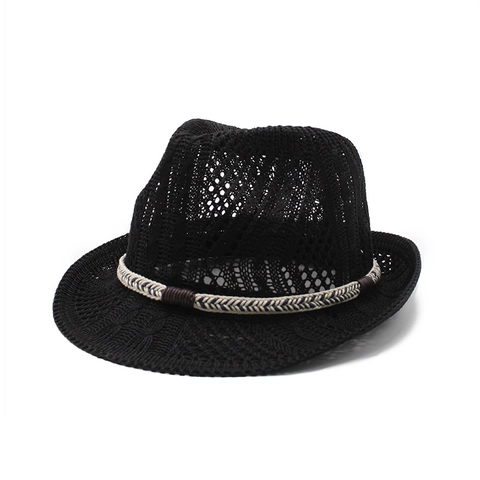 Cappello Fedora In Paglia All Uncinetto Traforato Traspirante Protezione Solare Jazz Cap Con Fascia Intrecciata Decorativa