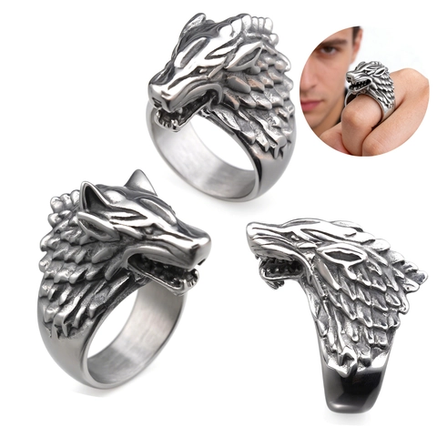 Wolf Head Ring Stainless Steel Retro Viking Nordic Gothic Punk Jewelry For Men Domineering Animal Totem Band