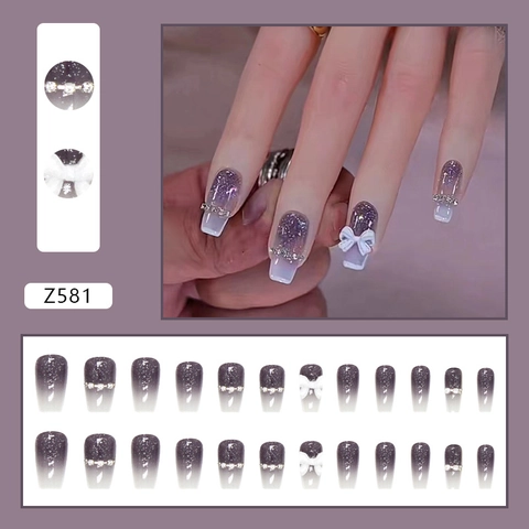 Unghie Finte A Pressione Sfumate Viola Con Fiocco Bianco 3D Strass Forma Ballerina Corta Occhio Di Gato Glitter Per Donne