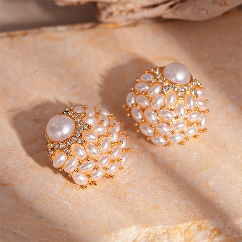 Orecchini A Lobo Vintage Lega Strass Grappolo Perla Artificiale Con Perno In Argento Stile Lusso Francese Donne