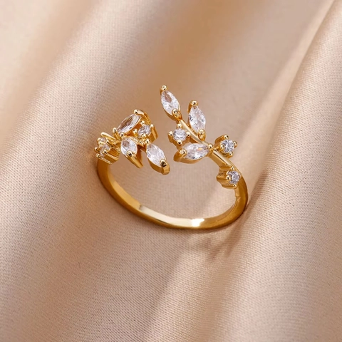 French Vintage Copper Zirconia Open Leaf Branch Ring Adjustable Plant Leaf Finger Band Ring For Women Fine Elegant Jewelry Gift