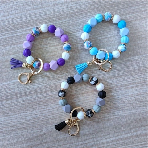 Silicone Bead Keychain Wristlet PU Leather Tassel Floral Pattern Beads Handmade Bohemian Metal Clasp Key Ring Holder