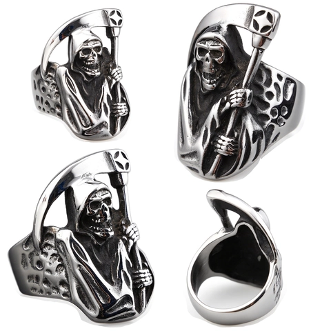 Anillo De Calavera De Parca Acero Inoxidable Gótico Punk Diseño De Guadaña Retro Hip Hop Joyería Regalo Para Hombres