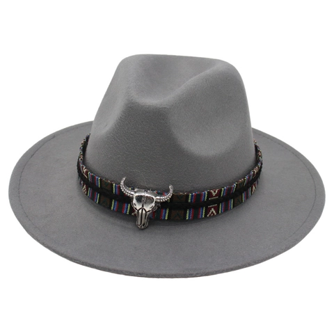 Chapeau Fedora À Bord Large En Feutre Avec Crâne De Taureau En Métal Bande Tissée Ethnique Style Cowboy Western Rétro