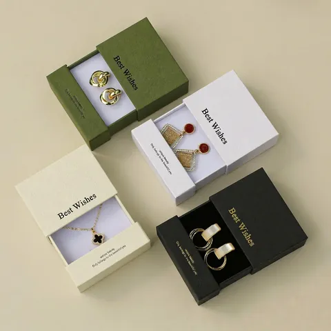 Square Jewelry Gift Packaging Box Textured Paperboard Drawer Style With Sponge For Necklace Earring Ring