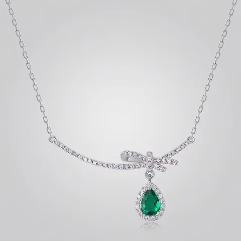 925 Sterling Silver Bowknot Pendant Necklace With Lab-Grown Emerald Pear Cut Green Gemstone Rhinestone Inlaid Jewelry For Women
