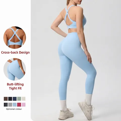 Women Yoga Gym Outfit Crisscross Sports Bra And High Waist Leggings Nylon Spandex Breathable Workout Fitness Suit