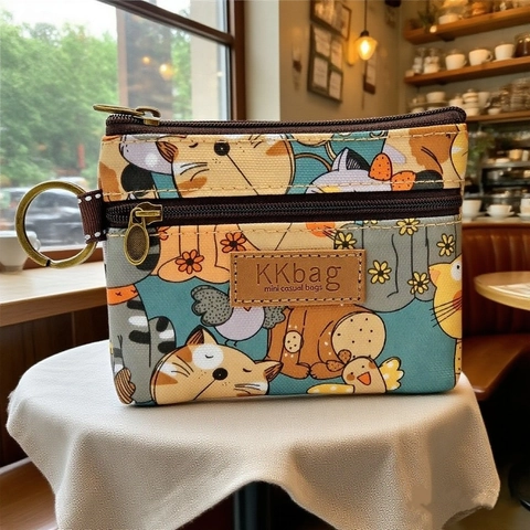 Mini Cartoon Printed Canvas Coin Purse Dual Zipper Storage Bag With Metal Key Ring For Women Kids Cute Casual