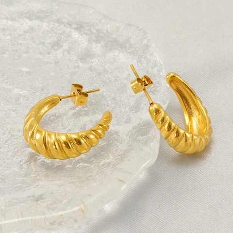 Boucles D'oreilles Créoles En Acier Inoxydable Plqué Or 18K Croissant Côtelé Torsadé Design Géométrique Pour Femmes