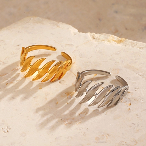 Irregular Line Open Ring Stainless Steel Gold Plated Feather Leaf Texture Adjustable Finger Jewelry For Women Fashion