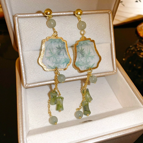 New Chinese Style Bamboo Leaf Long Tassel Earrings Resin Ink Painting Alloy With Silver Earring Post Vintage For Women