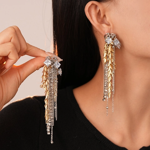 Pendientes Largos De Borla Con Hoja De Espiga Aleación Strass Con Poste De Plata Color En Contraste Joyería De Moda Para Mujer